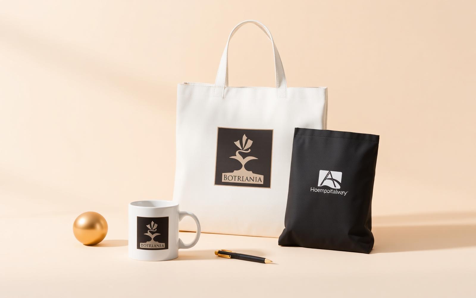 Branded corporate merchandise set including tote bag, mug and pen